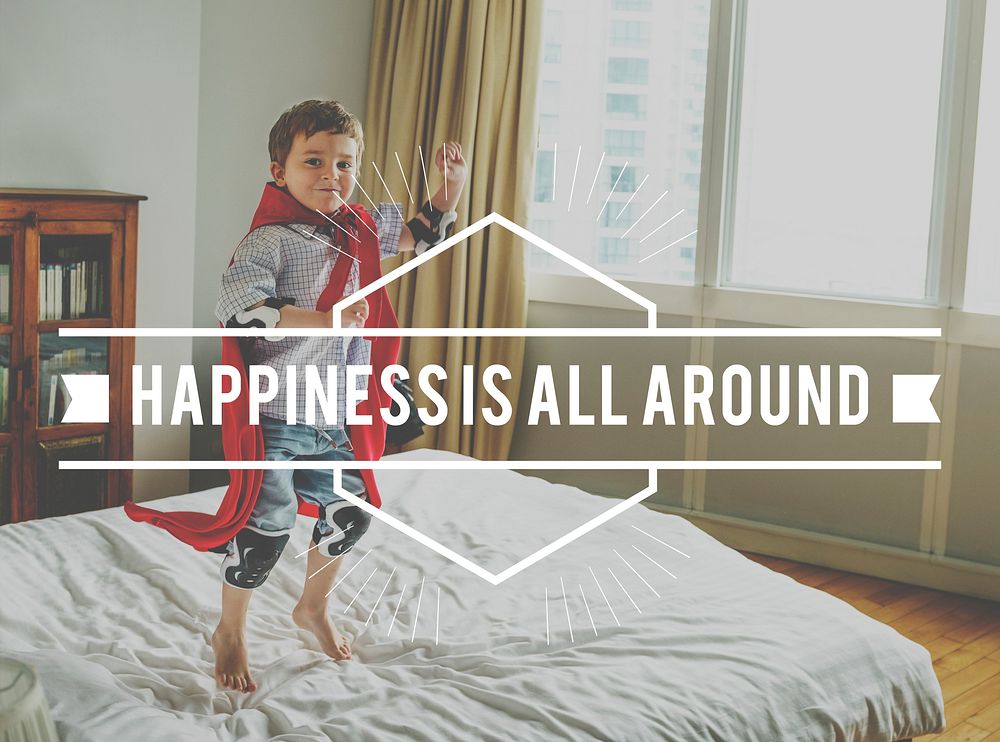 Little Boy with Happiness Time Word Graphic Banner