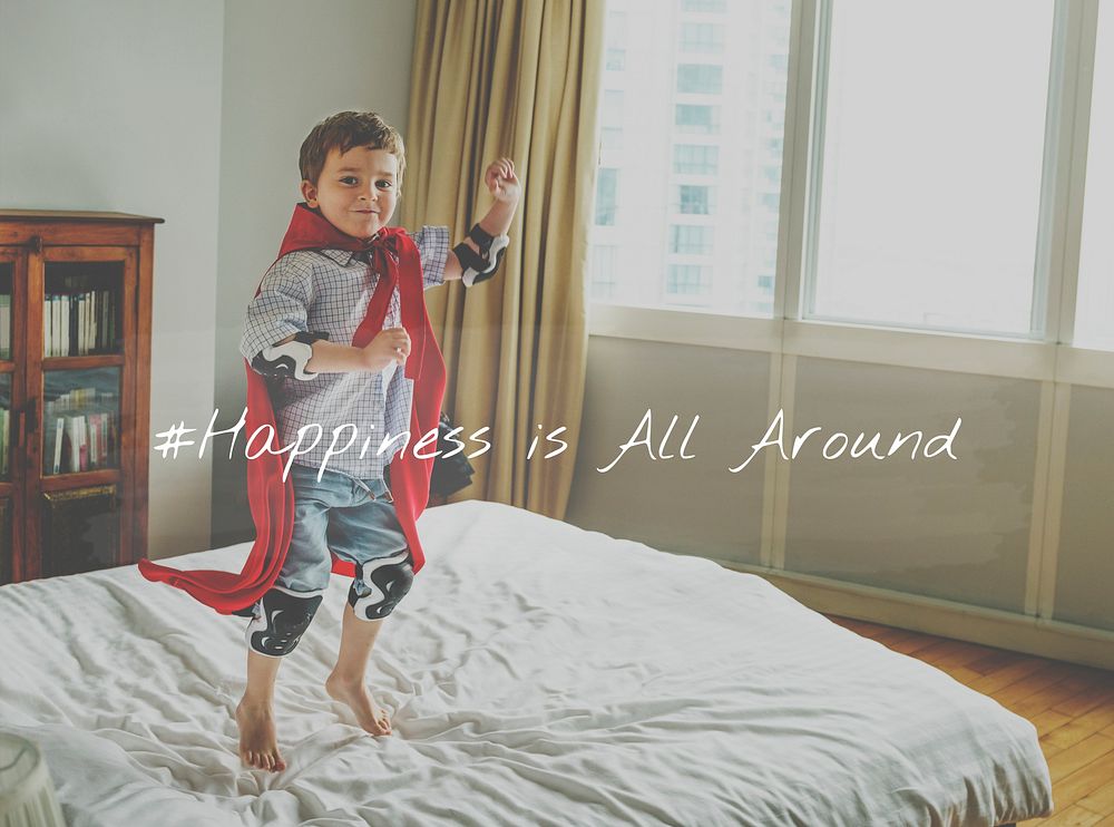 Little Boy with Happiness Time Word Graphic Hashtag