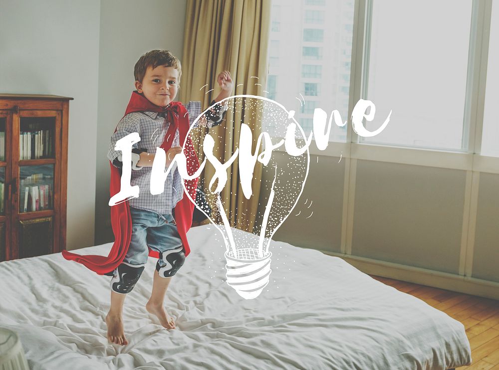 Little Kid with Inspiration Imagination Word Light Bulb Graphic
