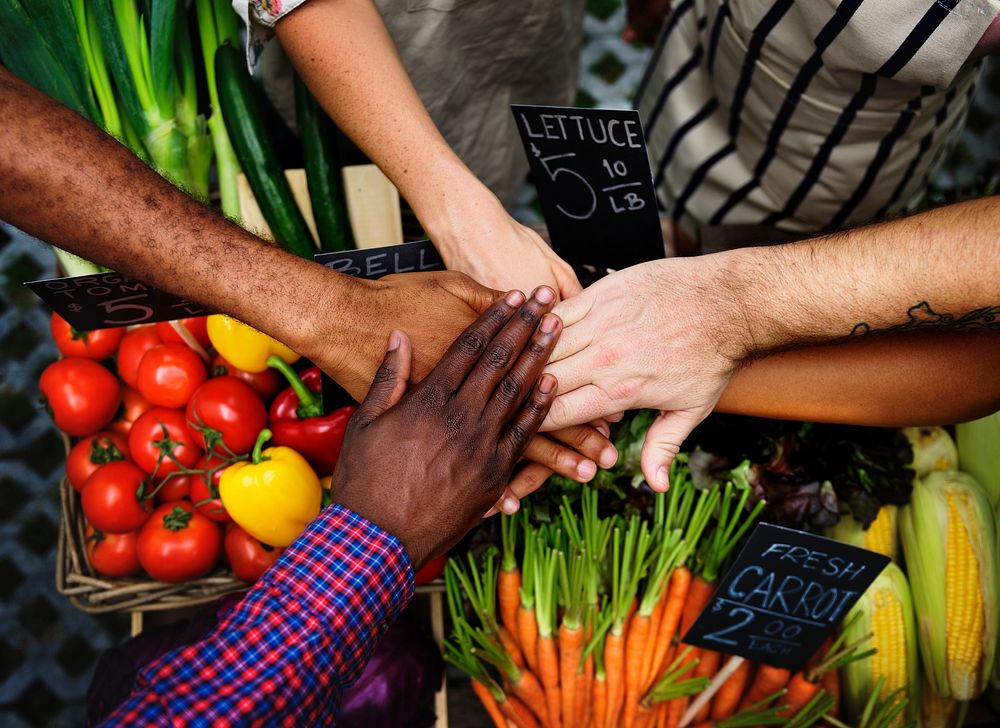 Closeup of diverse hands joined together as teamwork