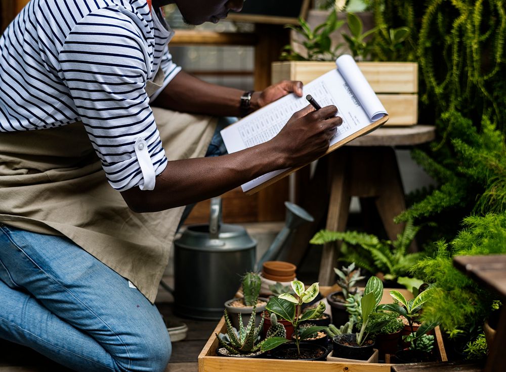 Adult Man Checking Plants Outside Flower Shop