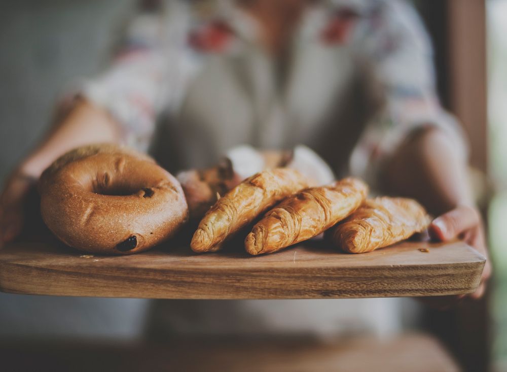 People Hands Hold Wooden Tray Present Fresh Baked Bakery