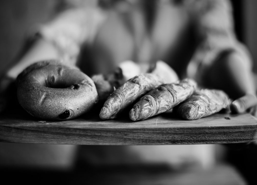 People Hands Hold Wooden Tray Present Fresh Baked Bakery