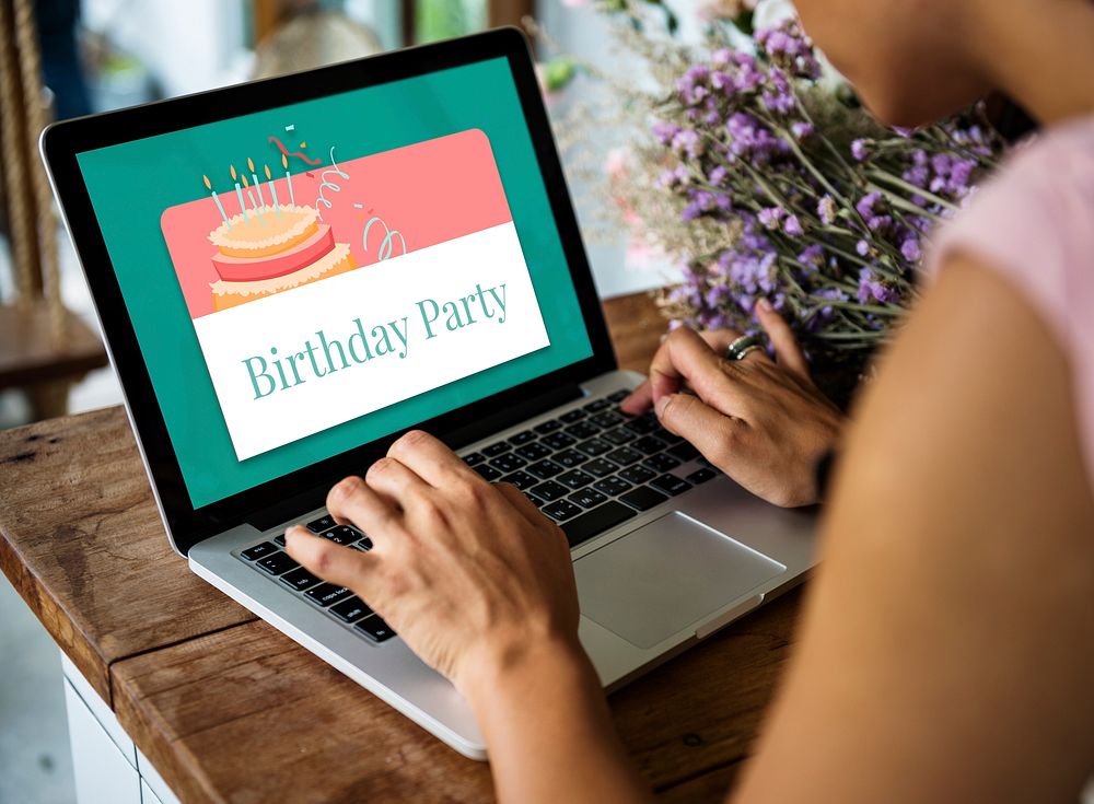 Illustration of birthday party event celebration with cake on laptop
