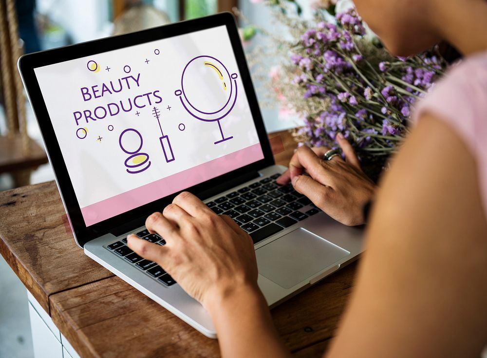 Illustration of beauty cosmetics makeover skincare on laptop