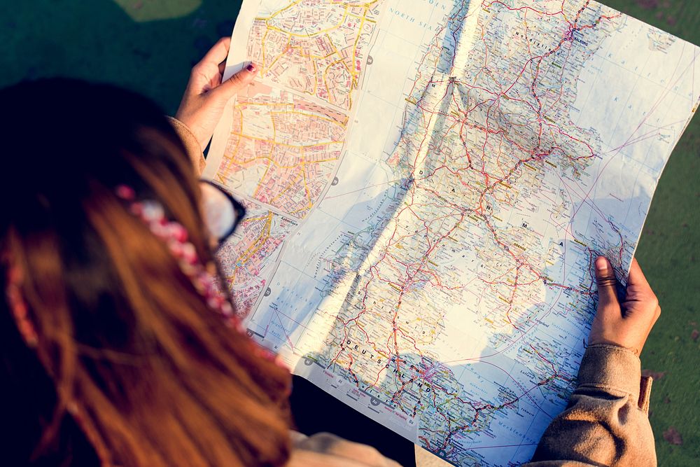 Woman Holding Map Route Travel