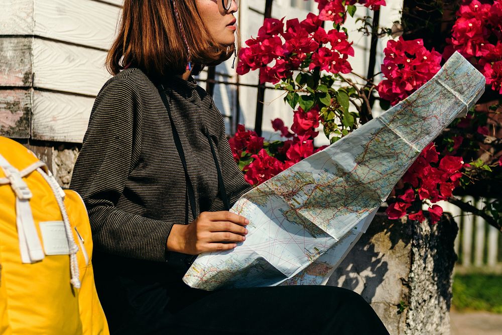 Woman Travel Trip Wanderlust Map Sitting