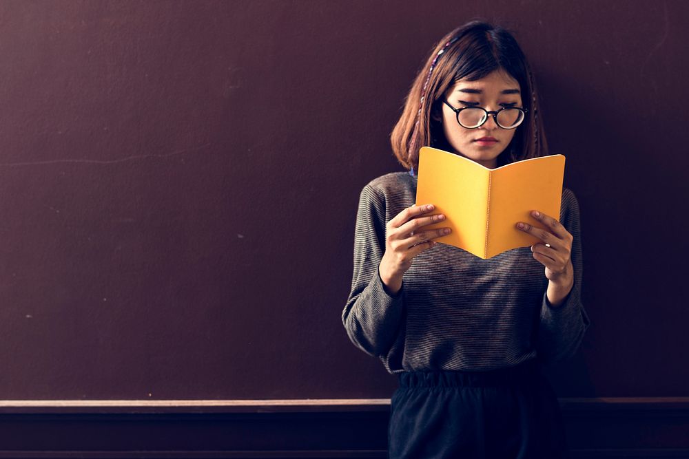Girl Glasses Standing Reading Book