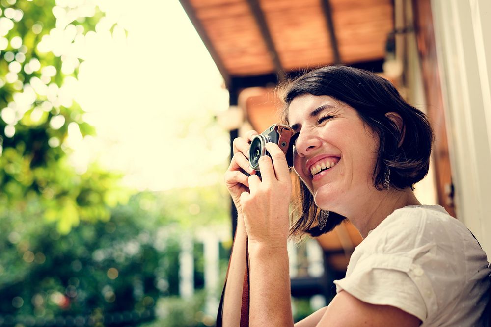 Adult Woman With Camera Capture Snap Shot Outdoor Activity