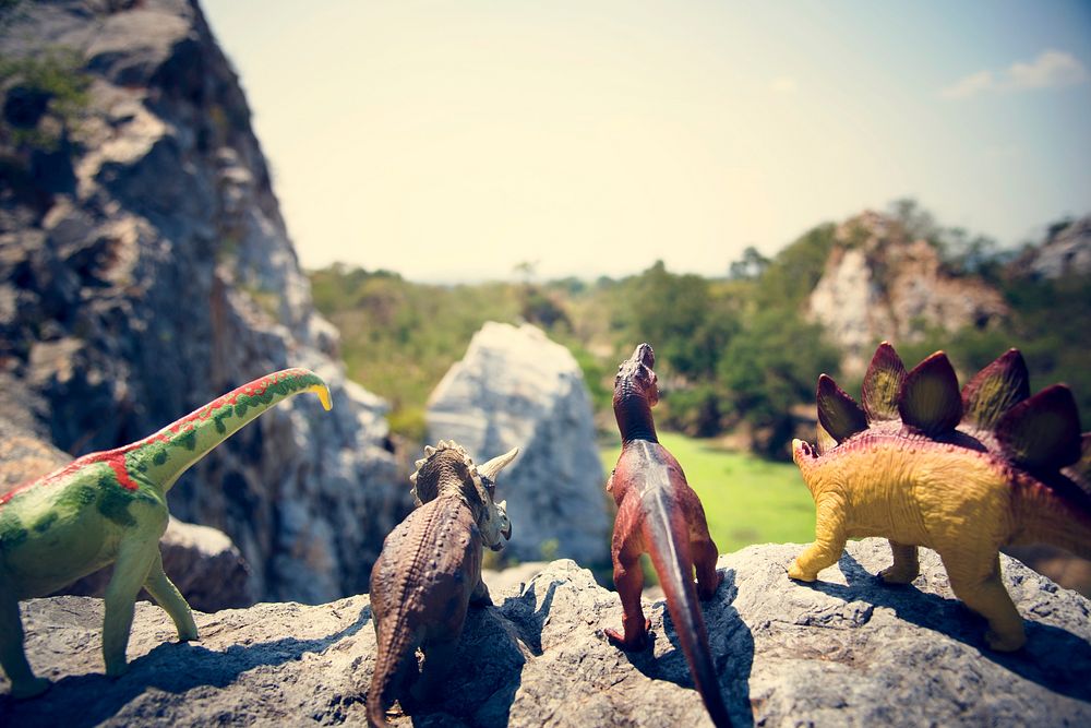 Diverse Group of Dinosaur Toys Standing on the Rock Together