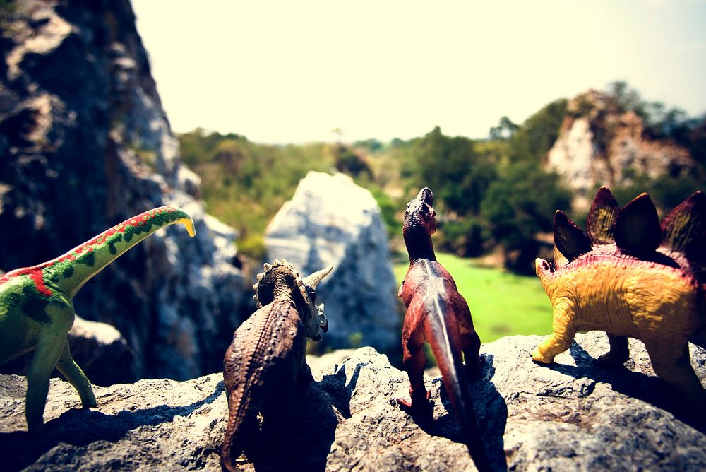 Diverse Group of Dinosaur Toys Standing on the Rock Together