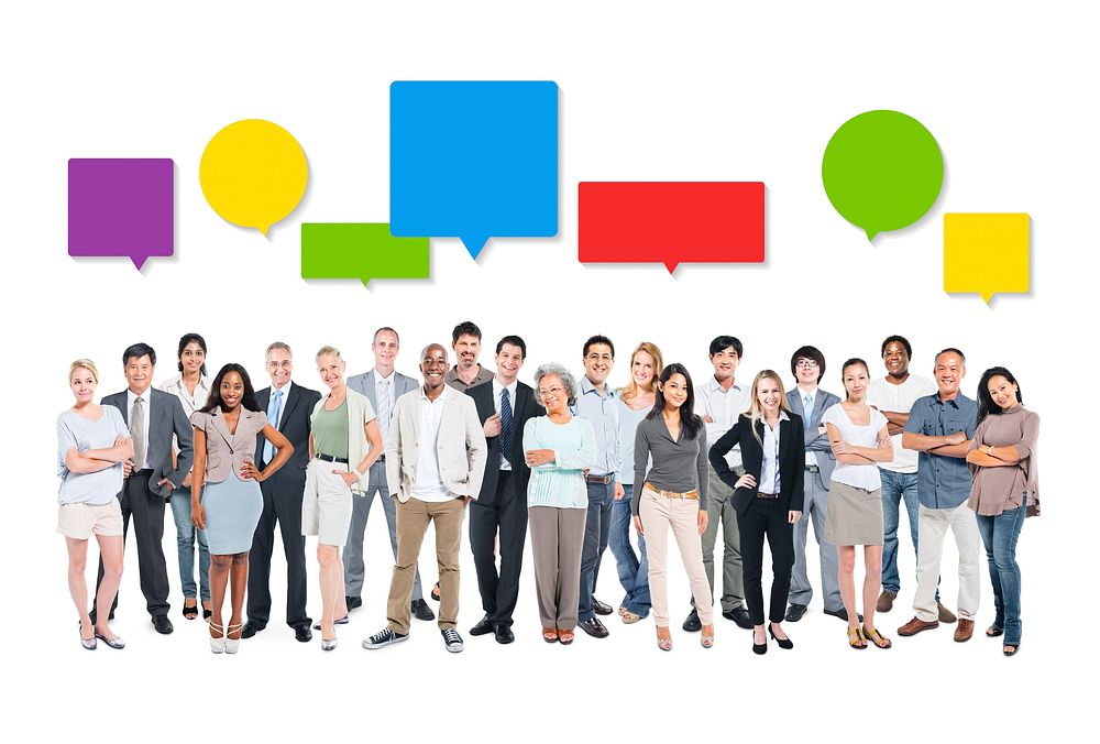 Group of Multi-Ethnic Business and Smart Casual People WIth Colorful Speech Bubbles Above Them