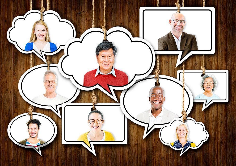 Set of Faces on Hanging Colorful Speech Bubbles