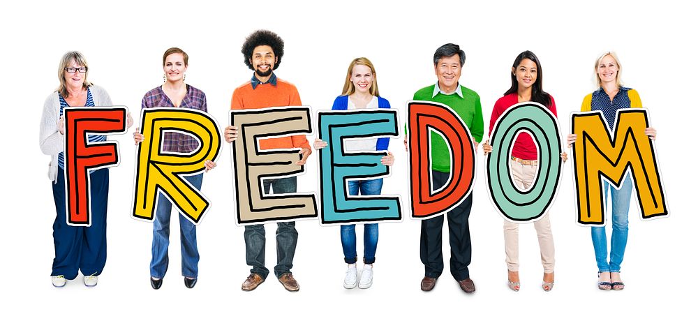 Multi-Ethnic Group of People Holding Text Freedom
