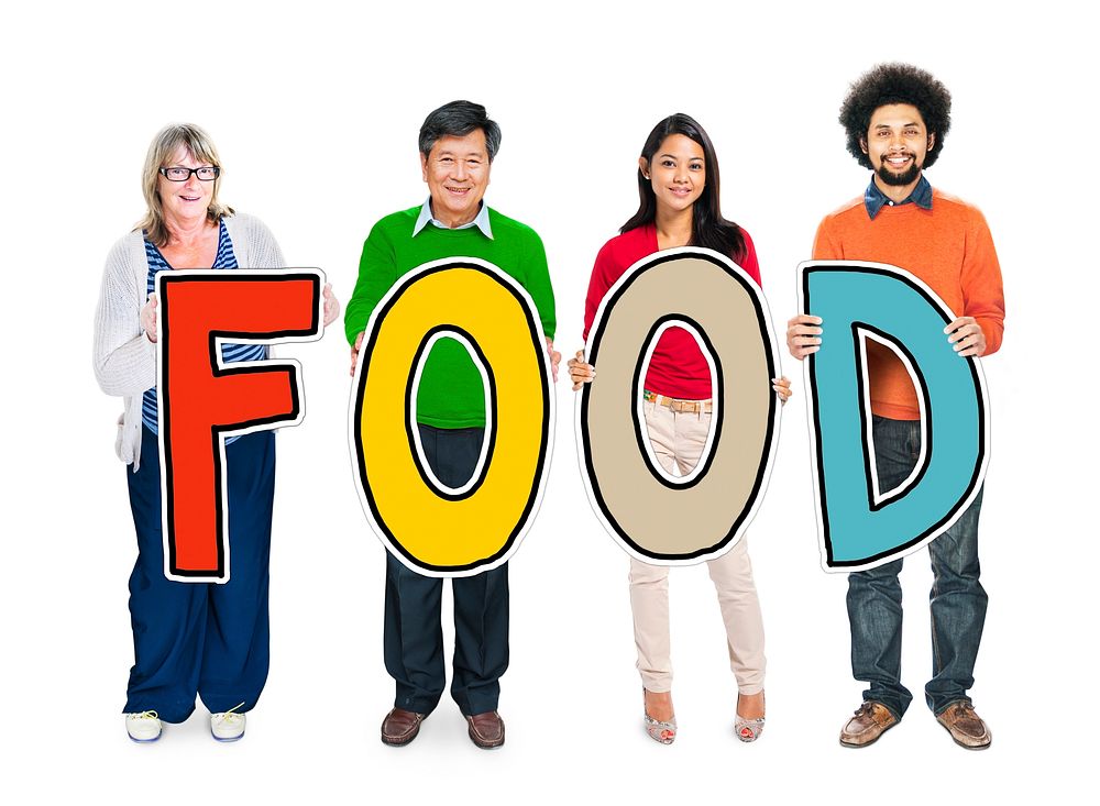 Multi-Ethnic Group of People Holding Text Food