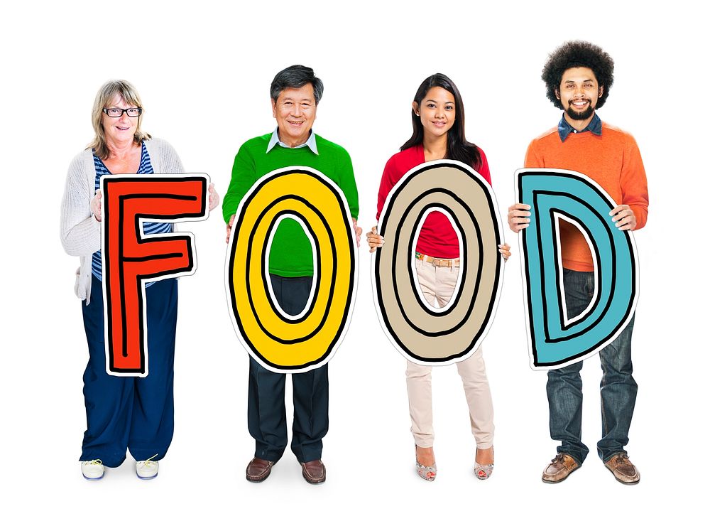 Multi-Ethnic Group of People Holding Text Food