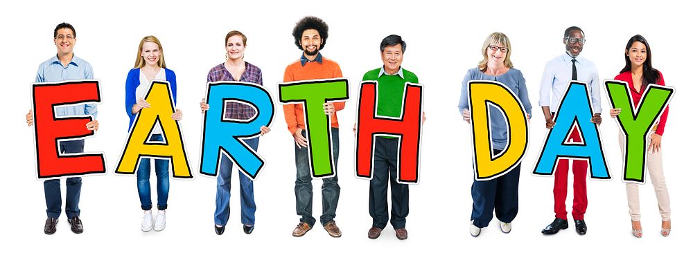 Cheerful and Diverse People Holding Text Earth Day