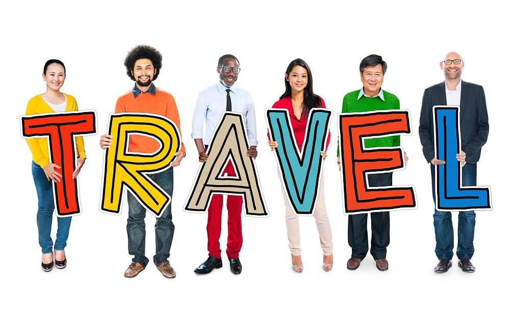 Diverse Group of People Holding Text Travel