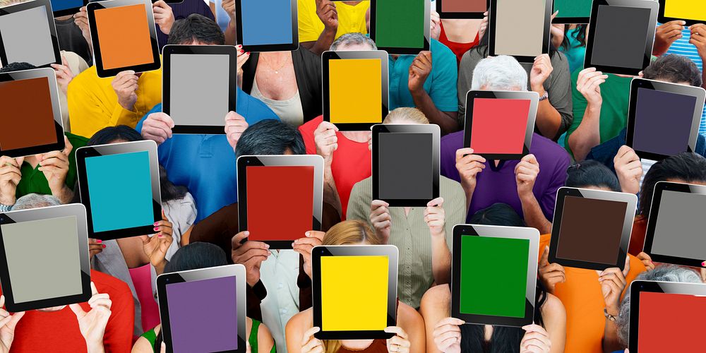 Diverse Group People Holding Tablet Faces Anonymous Concept