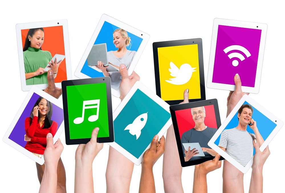 Variation of hands holding digital tablets with social media concepts.