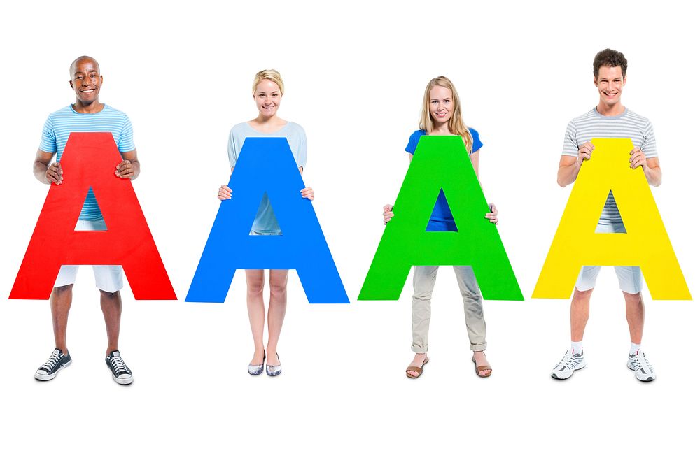 Multi-ethnic group of people holding letter "A"