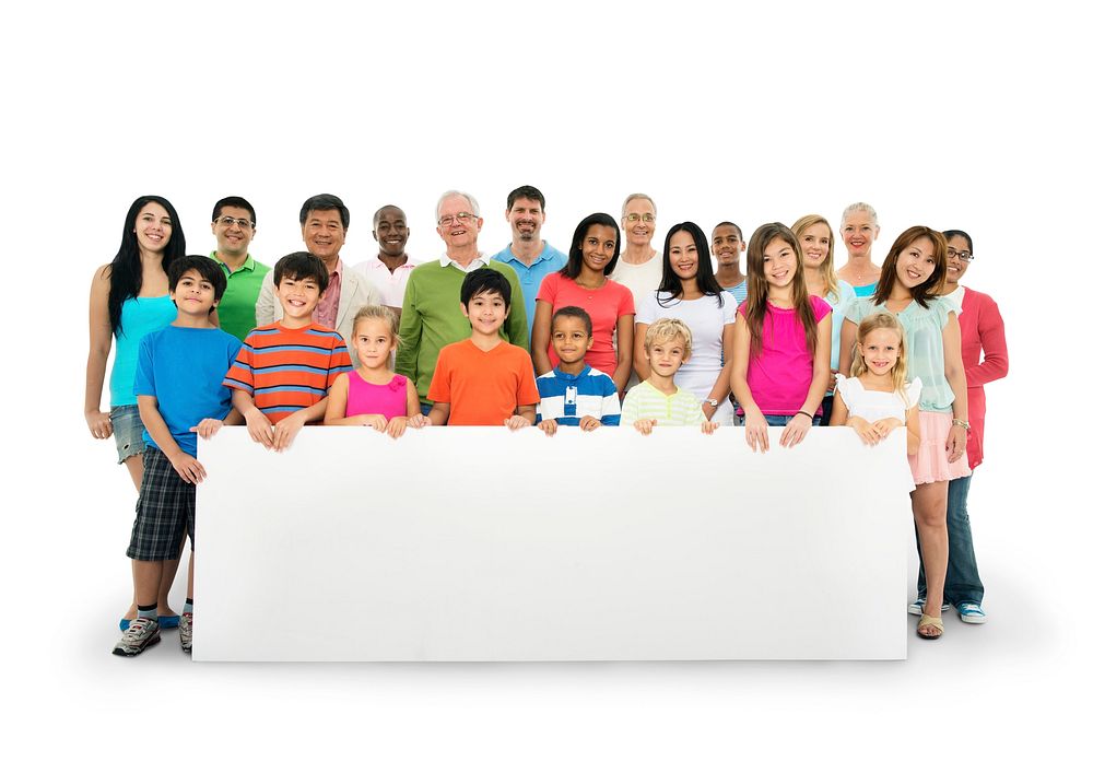 Group of diverse people with blank board isolated on white