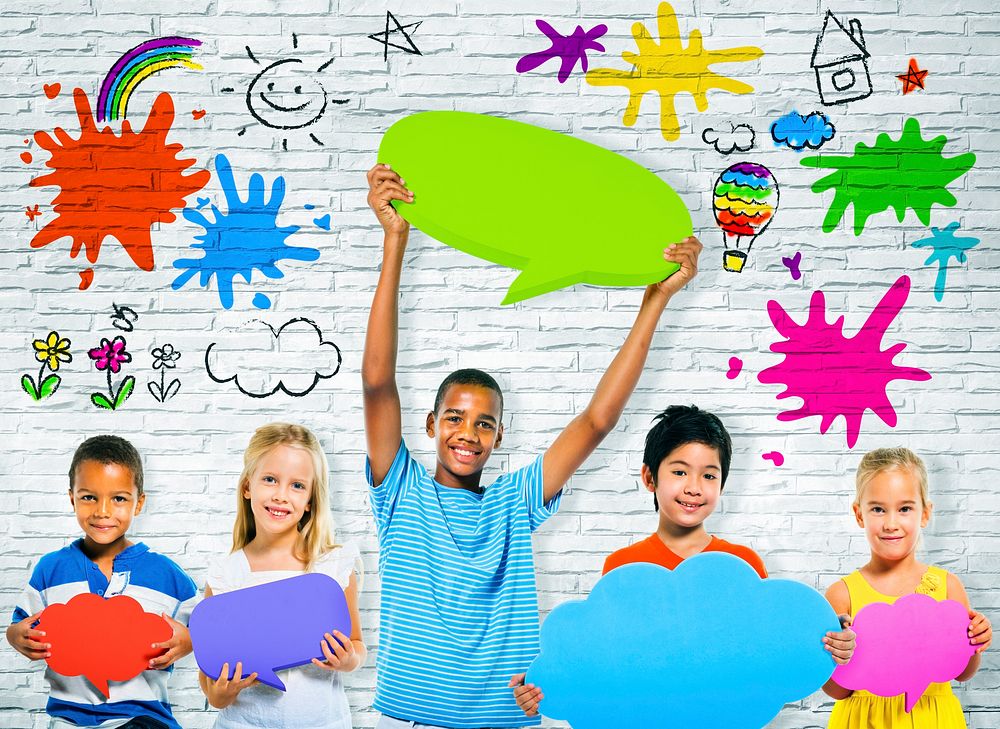 Cheerful children with multi colored speech bubbles.