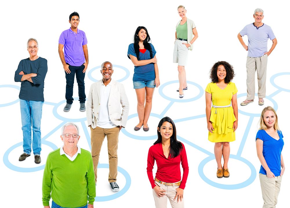 Group of multi-ethnic people in a connection themed picture.
