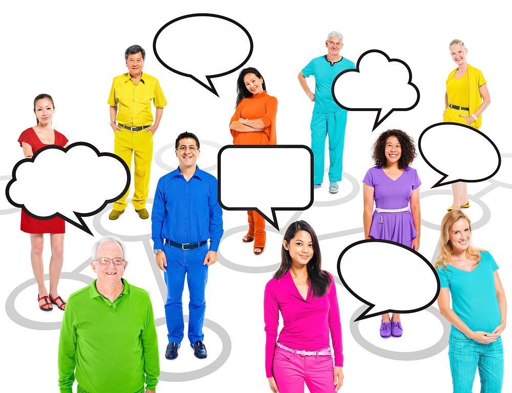 A group of diverse multi-ethnic colorful world people with speech bubbles.