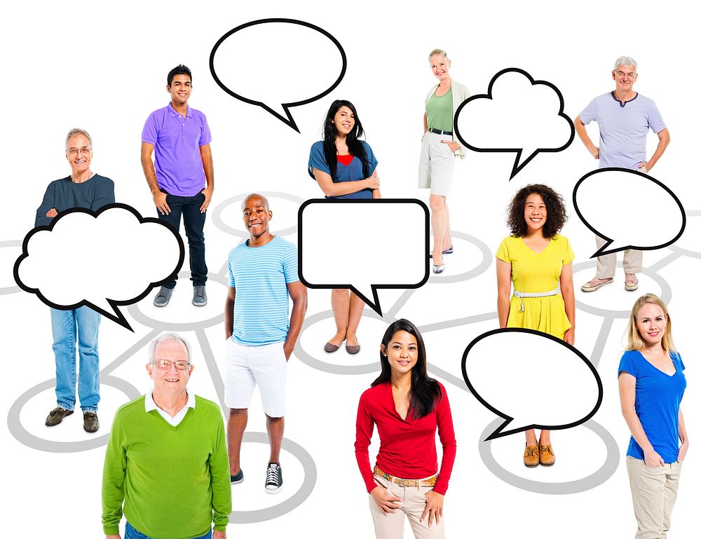 Group of multi-ethnic people and a theme of connection with speech bubbles for copy space.