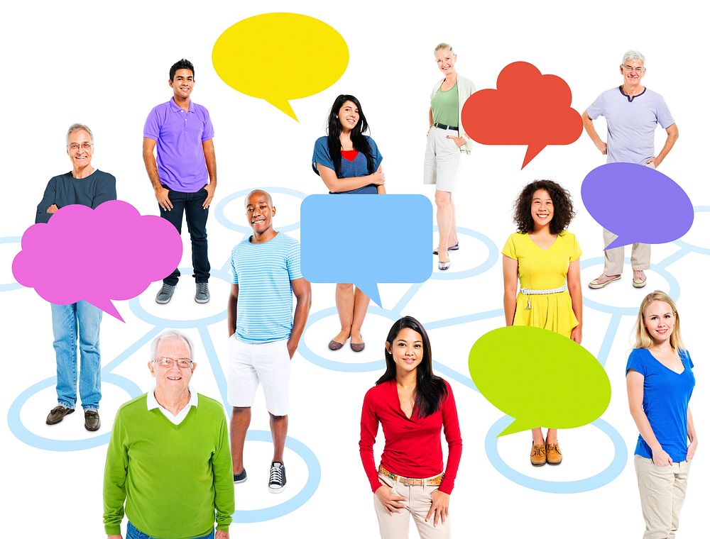Group of multi-ethnic people in a connection themed picture with empty speech bubbles.