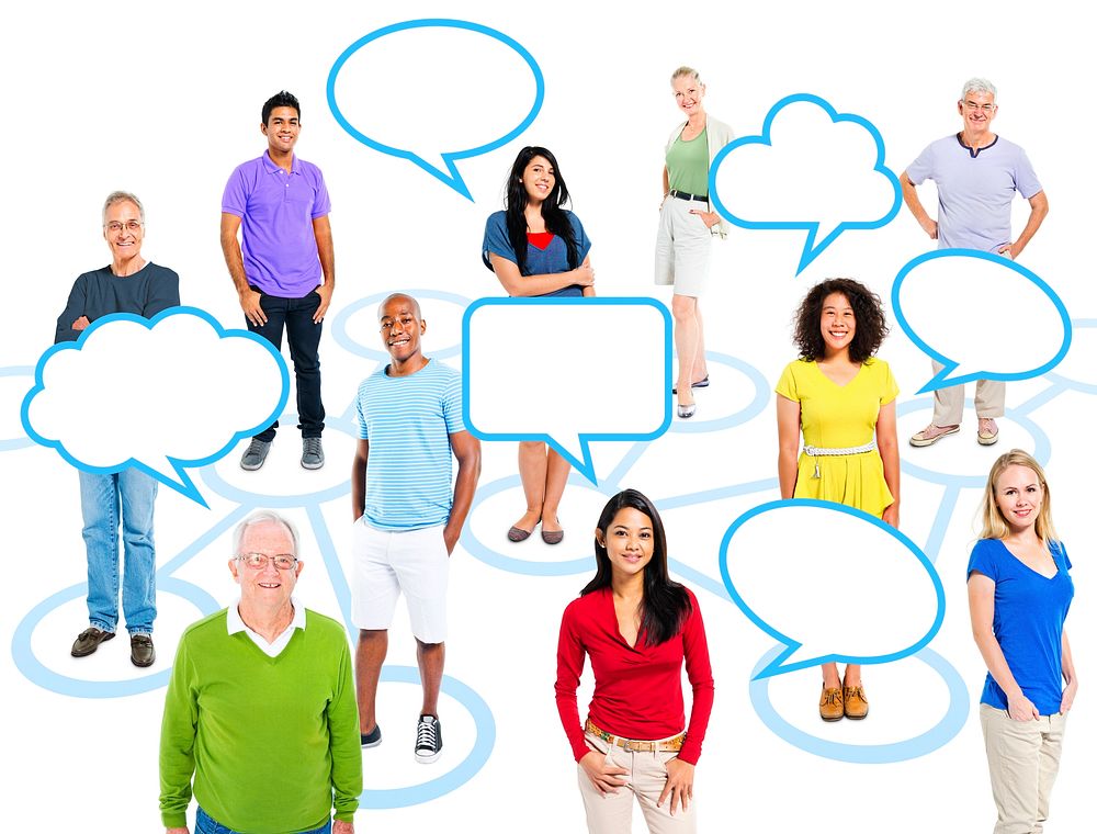Cheerful Multi-Ethnic Group Of People Standing Individually In A Circle Which Connects To Others With Empty Speech Bubbles…