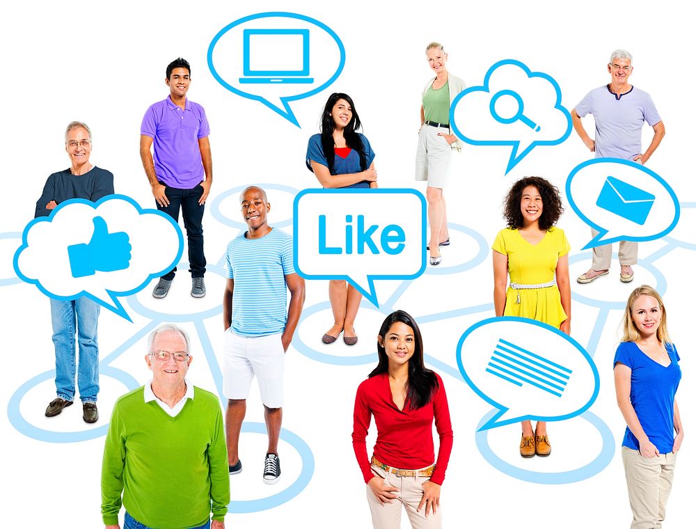 Group of multi-ethnic diverse people connected through social media.