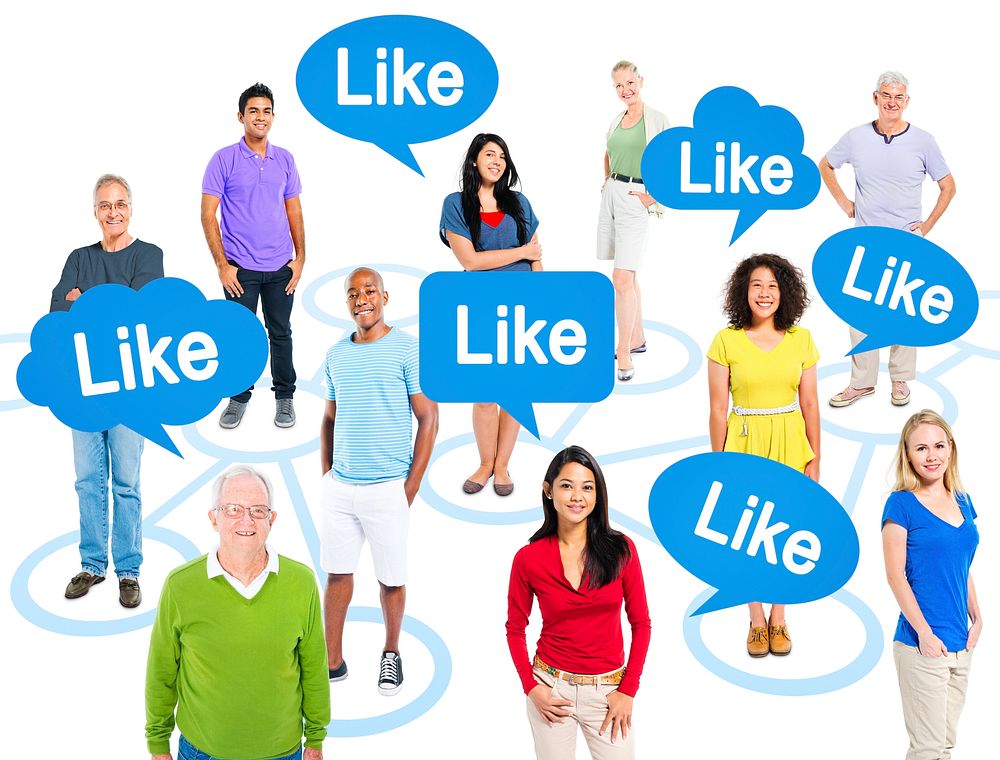 Cheerful Multi-Ethnic Group Of People Standing Individually Above Them Speech Bubbles With The Word Like.