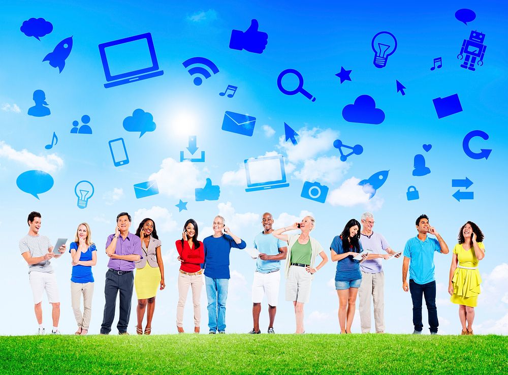 Group of Diverse Multi-Ethnic People Social Networking Outdoors and Related Symbols Above