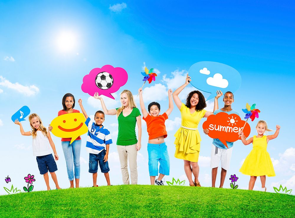 Group of Mixed Age Holding Colorful Speech Bubbles in a Summer Concept Photo
