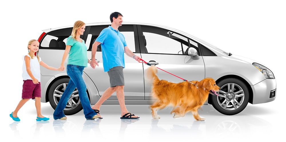 Happy Family Walking Car Transportation Concept