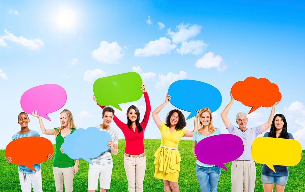 Group of Diverse Multi-Ethnic People Outdoors Holding Colorful Speech Bubbles