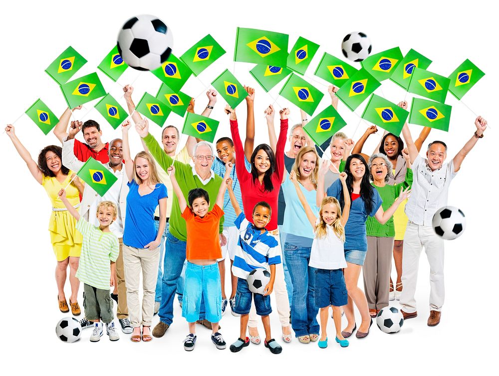 Multi-Ethnic Group of Diverse Happy People Holding National Flag of Brazil and Footballs