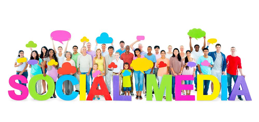 Group of Business people holding the letter "Social media" with speech bubble