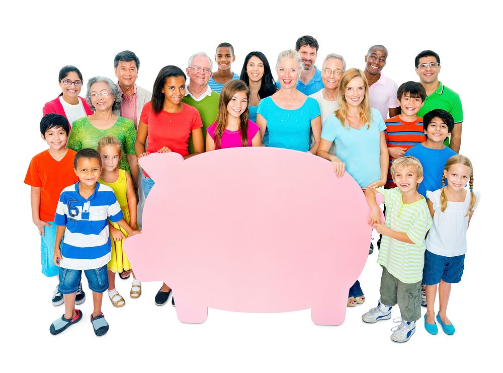 Large Group of People Holding Piggy Bank