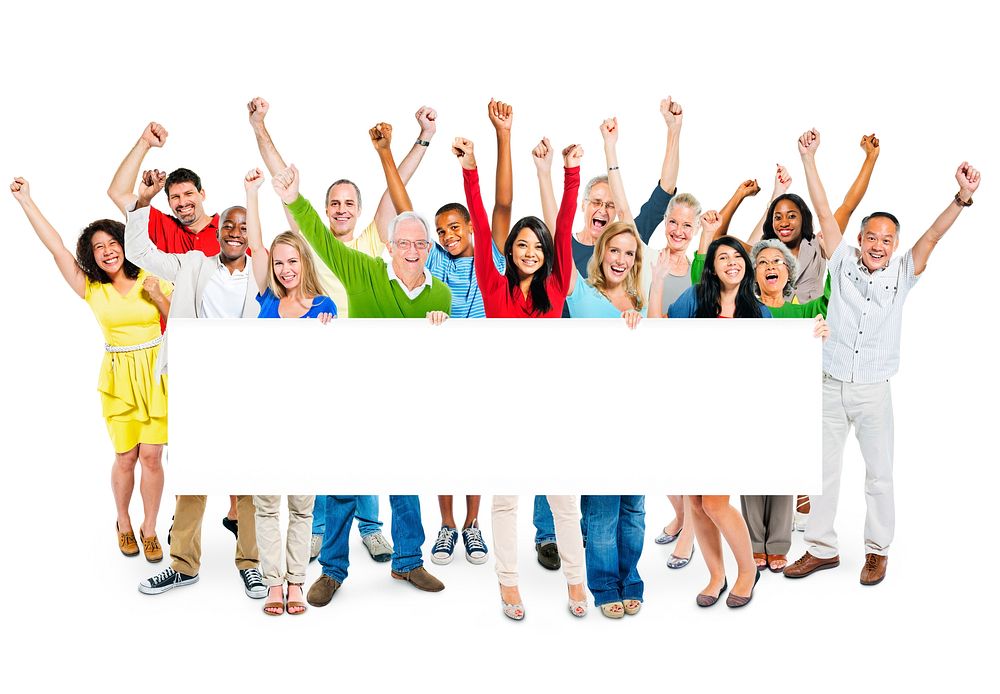 Group Of Multi-Ethnic Arms Outstretched And Holding An Empty Billboard In A White Background.