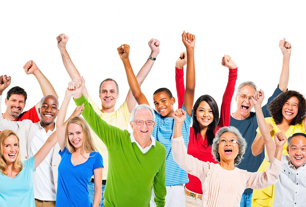 Multi-Ethnic Group Of People Raising Their Arms And Expressing Positivity