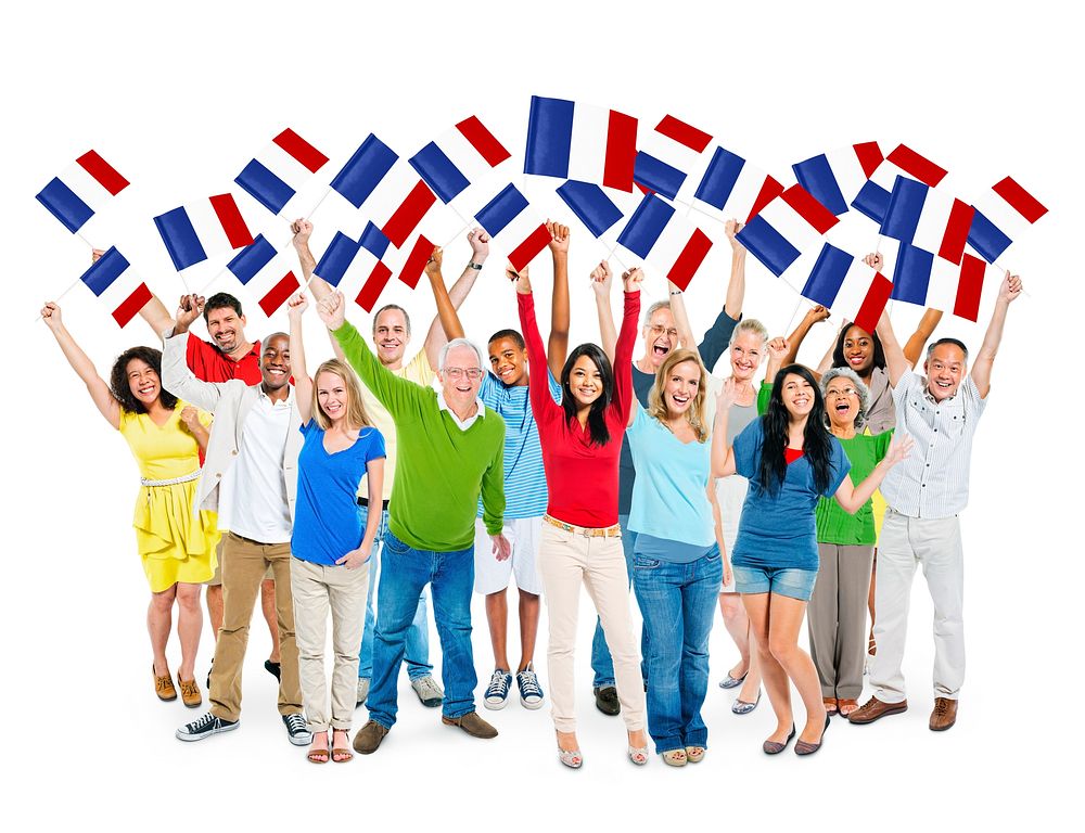 Multi-Ethnic Group of Diverse Happy People Holding National Flag of France