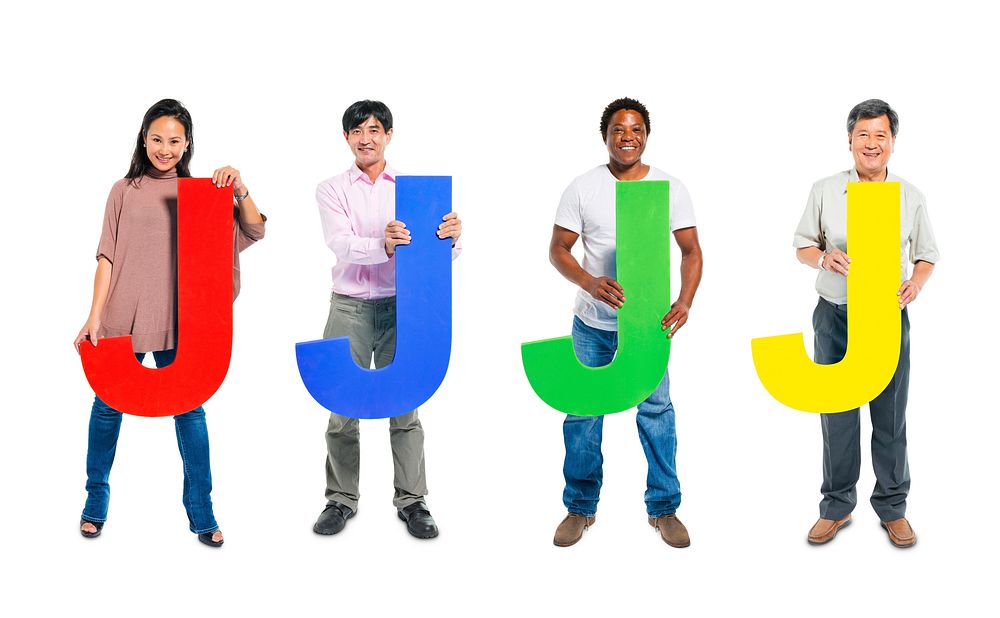 Multi-ethnic group of people holding letter "J"