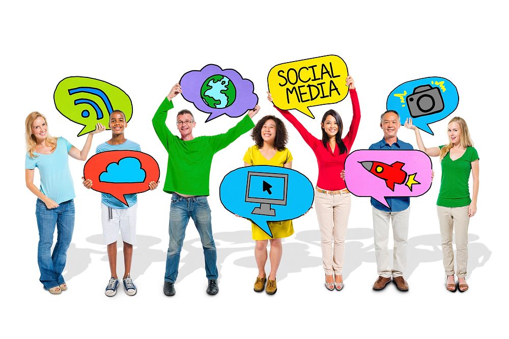 People Holding Speech Bubbles with Social Media Symbols