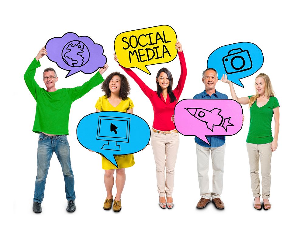 People Holding Colorful Speech Bubbles with Social Media Symbols