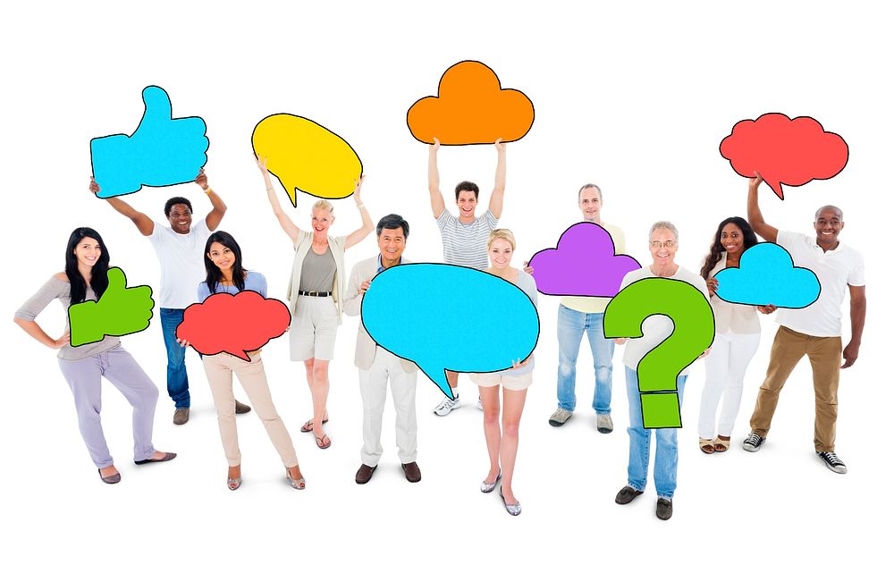 Multiethnic Group of People with Speech Bubbles and Symbol