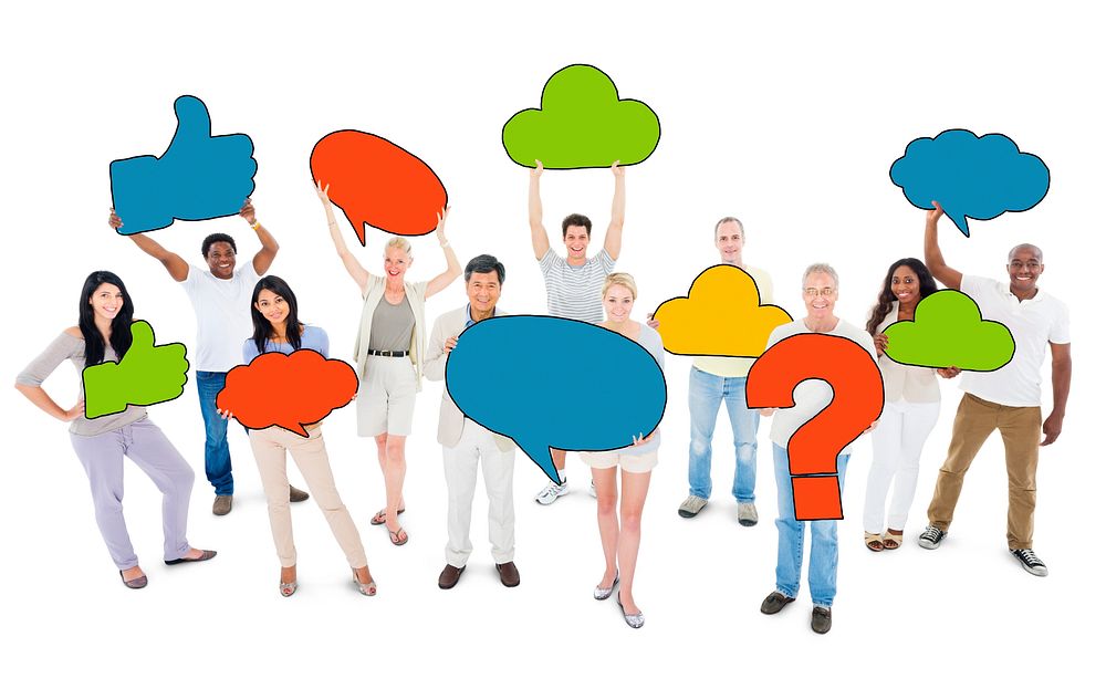 People Holding Speech Bubble and Social Networking Symbols