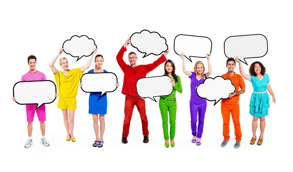 Colorfully Dressed Multi-Ethnic People in a Row Isolated on White and Holding Empty Speech Bubbles